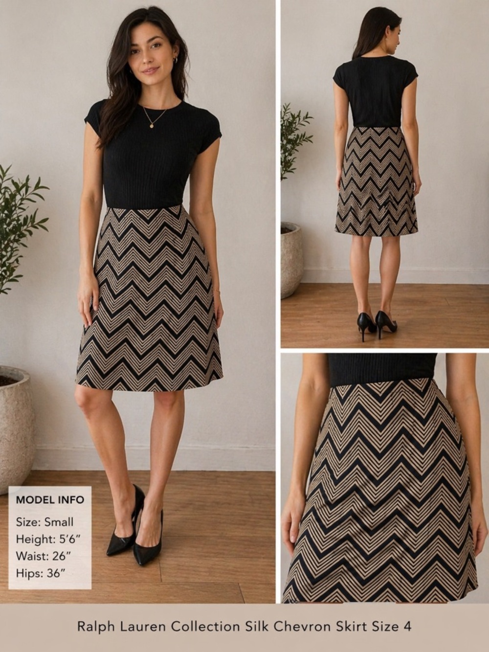 Ralph Lauren Collection Silk Chevron Skirt Size 4 (Small) Black Beige A-Line
